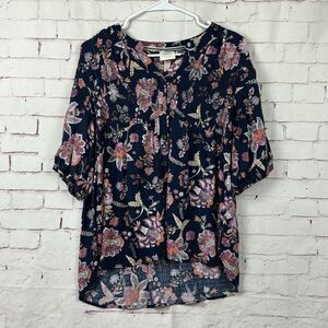 Knox Rose Blouse Shirt Top Womens Floral Button Up Rayon Large Navy Blue Pink